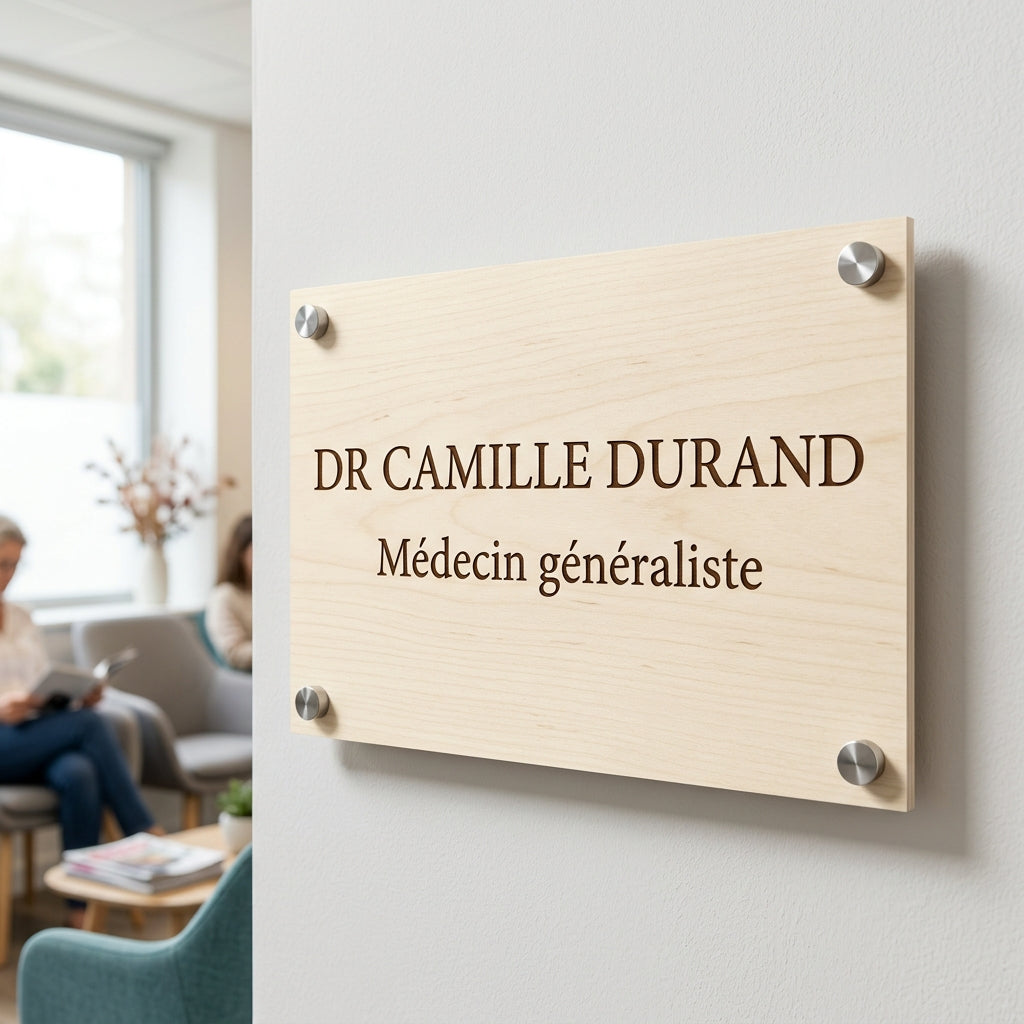 Plaque professionnelle acrylique — finition imitation bois