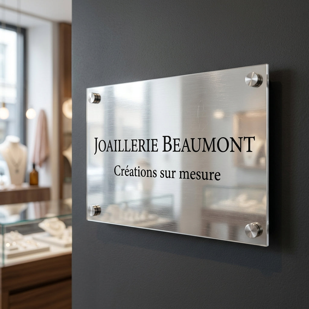 Plaque professionnelle acrylique — finition imitation métal argenté brossé