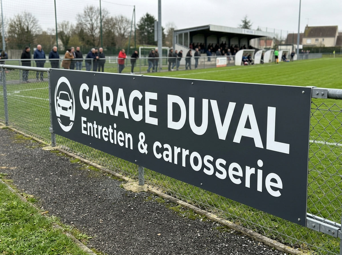 Panneau publicitaire Dibond monobloc 300×140 cm en bordure de terrain de football