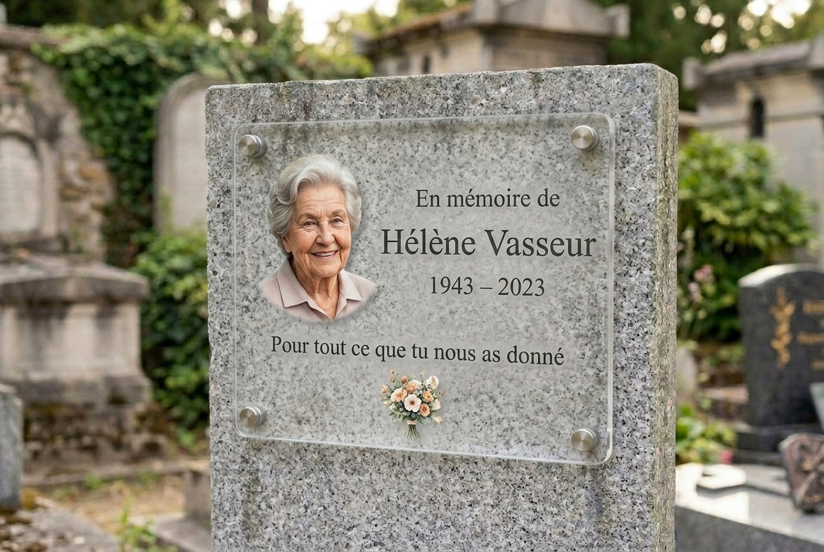 Plaque funéraire plexiglas transparent — portrait photo imprimé
