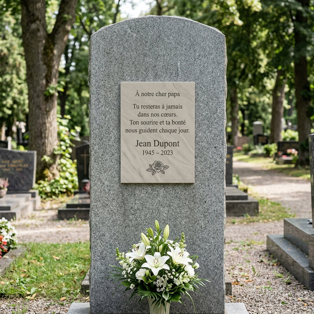 Plaque funéraire — lettre & poème (texte long)