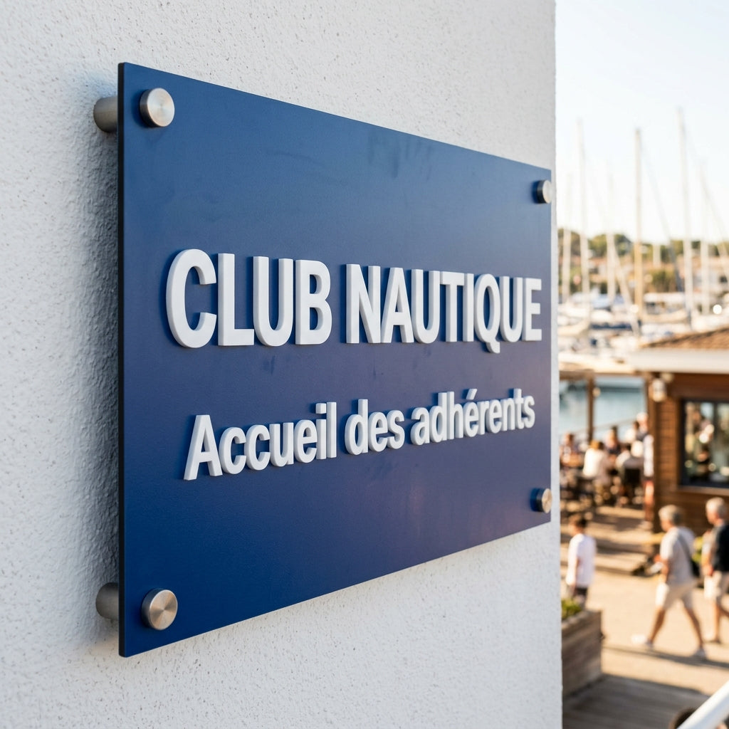 Plaque relief gravoply bleue, lettrage 3 mm blanc — Club nautique