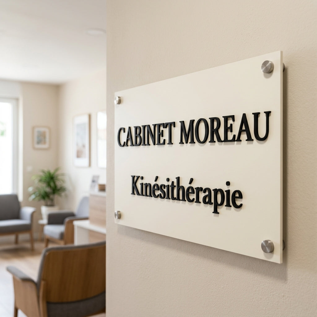Plaque relief — lettrage 3 mm collé sur gravoply, Cabinet Moreau
