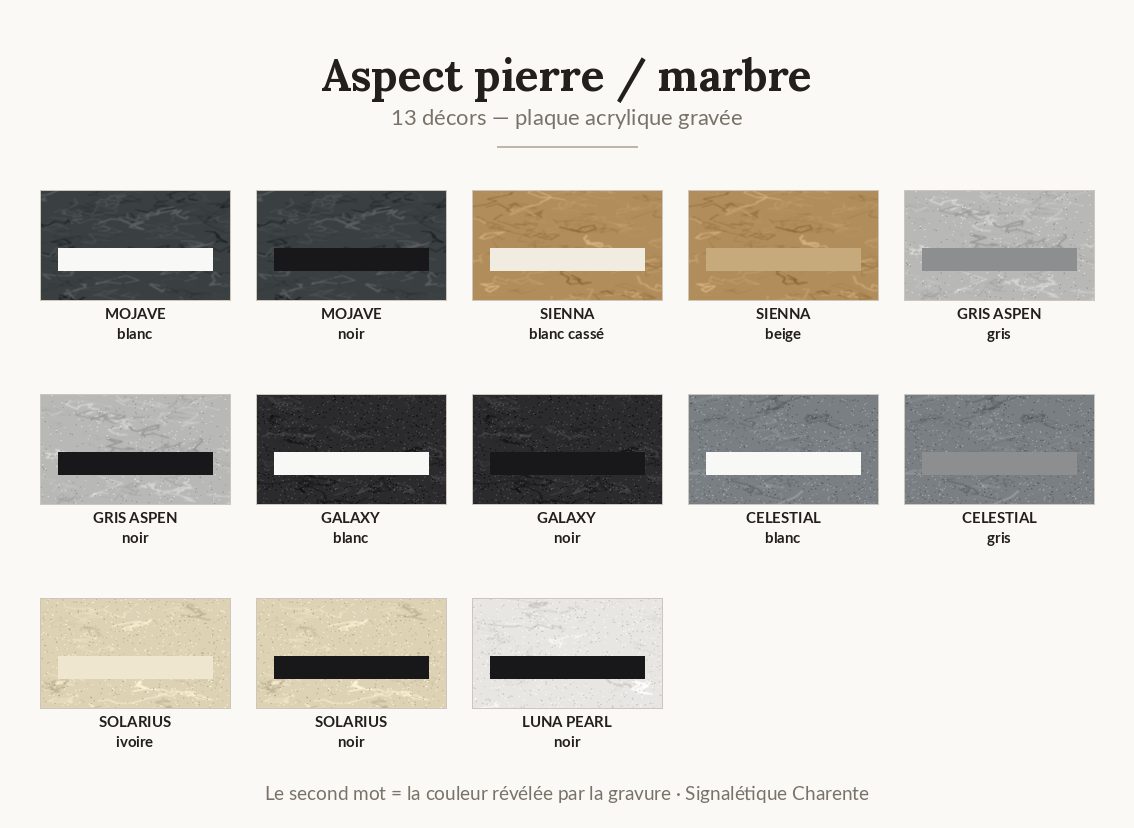 Nuancier acrylique aspect pierre et marbre : aspen gris, galaxy noir, sienna beige