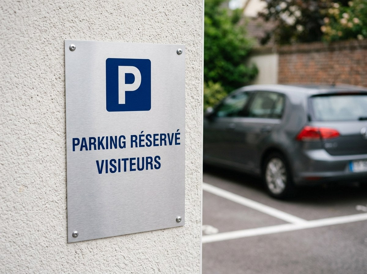 Plaque aluminium Parking réservé visiteurs vissée sur un mur