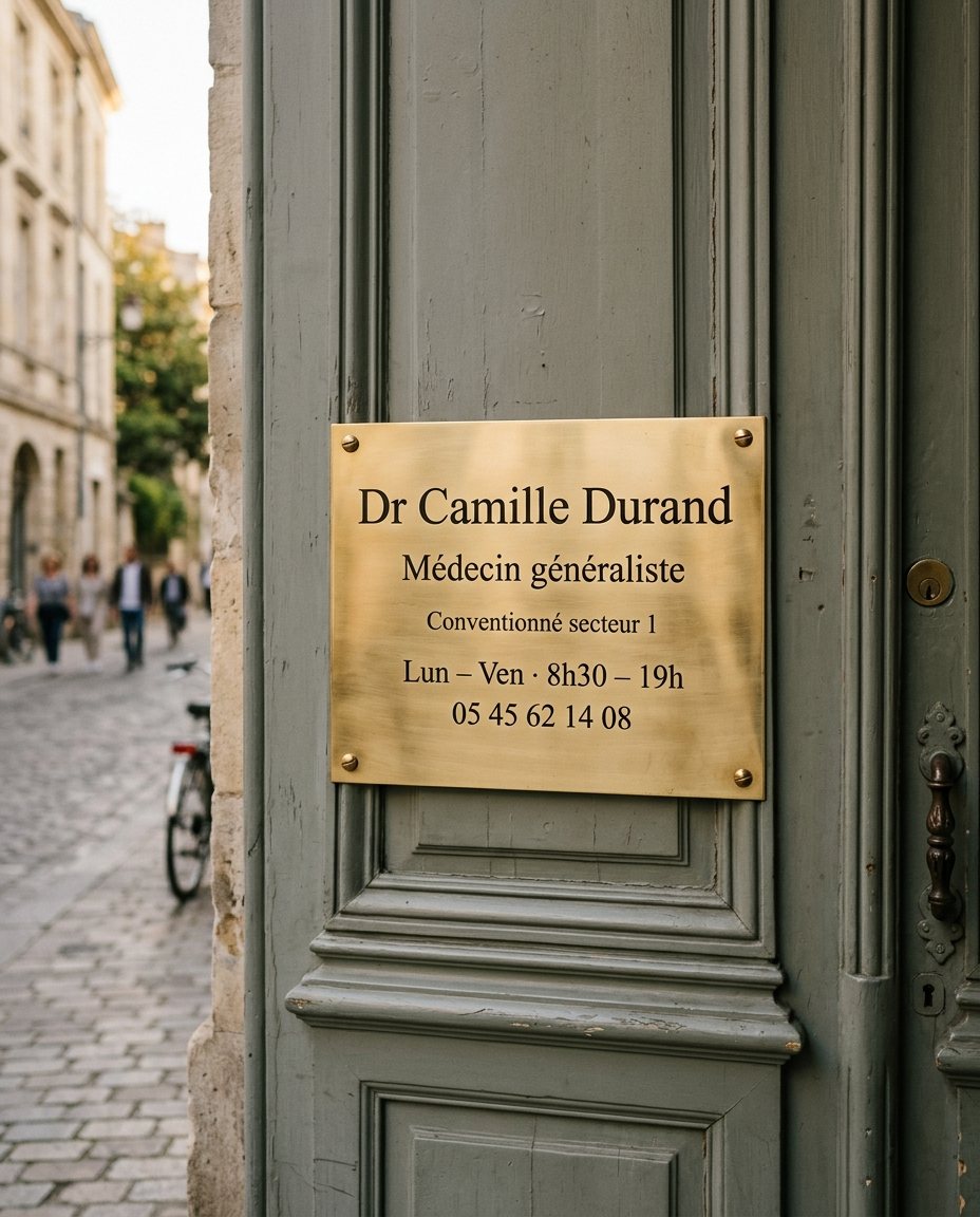 Plaque professionnelle en laiton gravé d'un médecin généraliste sur la porte d'un cabinet