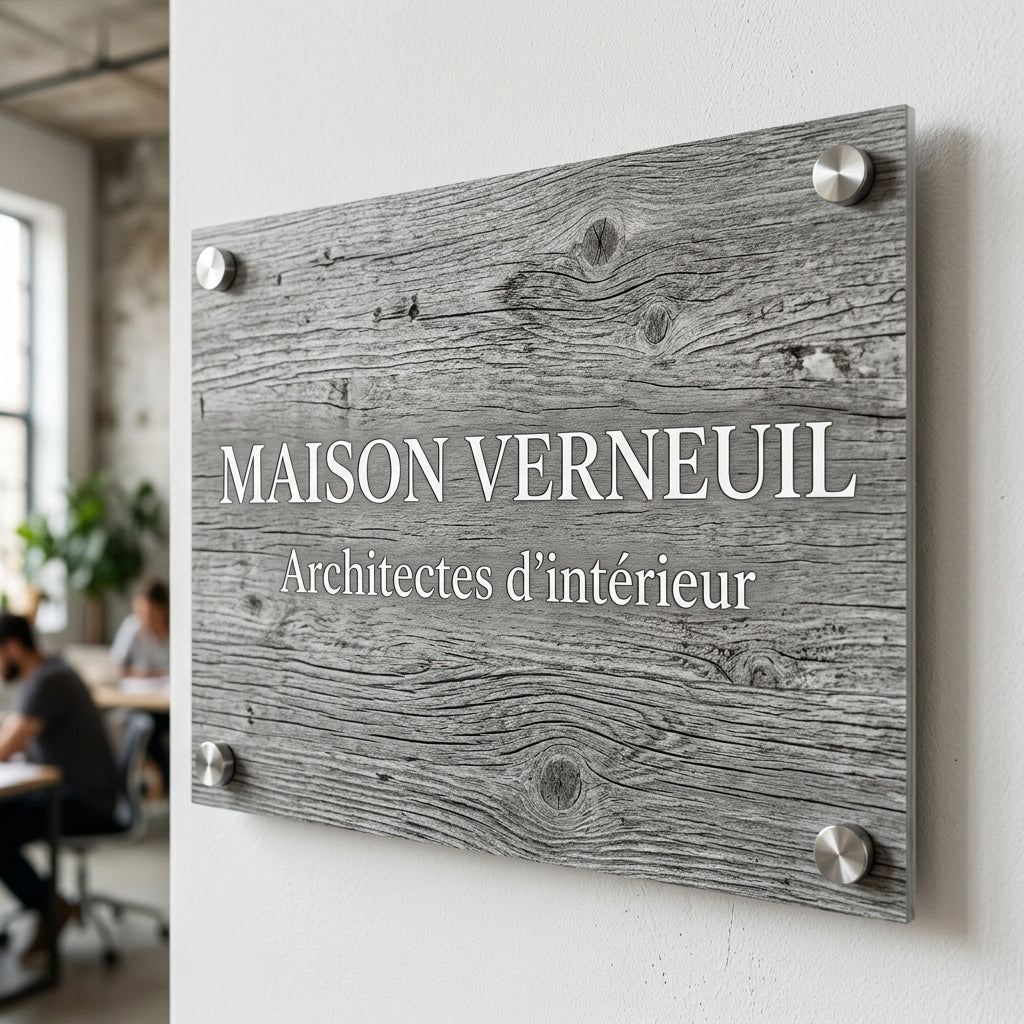 Plaque professionnelle acrylique — finition imitation bois
