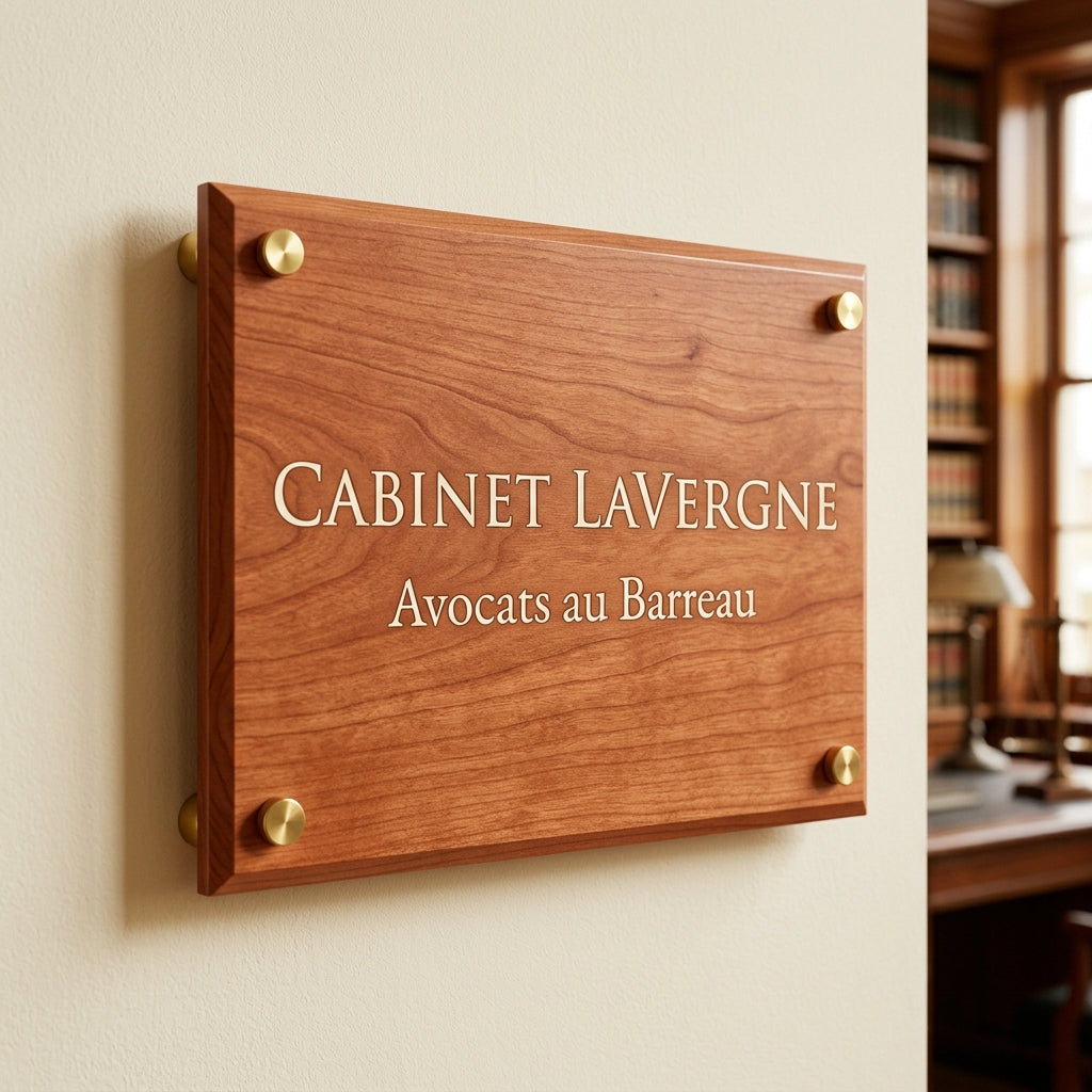 Plaque professionnelle acrylique — finition imitation bois