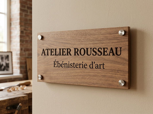 Plaque professionnelle acrylique finition imitation bois — Atelier Rousseau