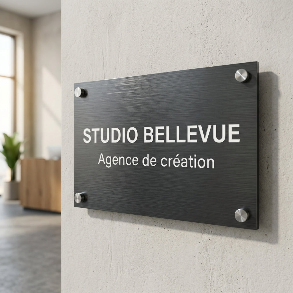 Plaque professionnelle acrylique — finition imitation métal argenté brossé