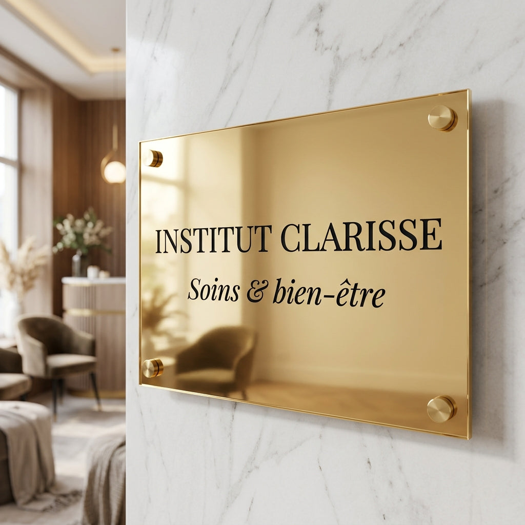 Plaque professionnelle acrylique — finition imitation bronze & or brossé