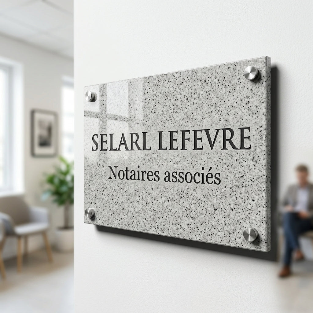Plaque professionnelle acrylique — finition imitation pierre / marbre
