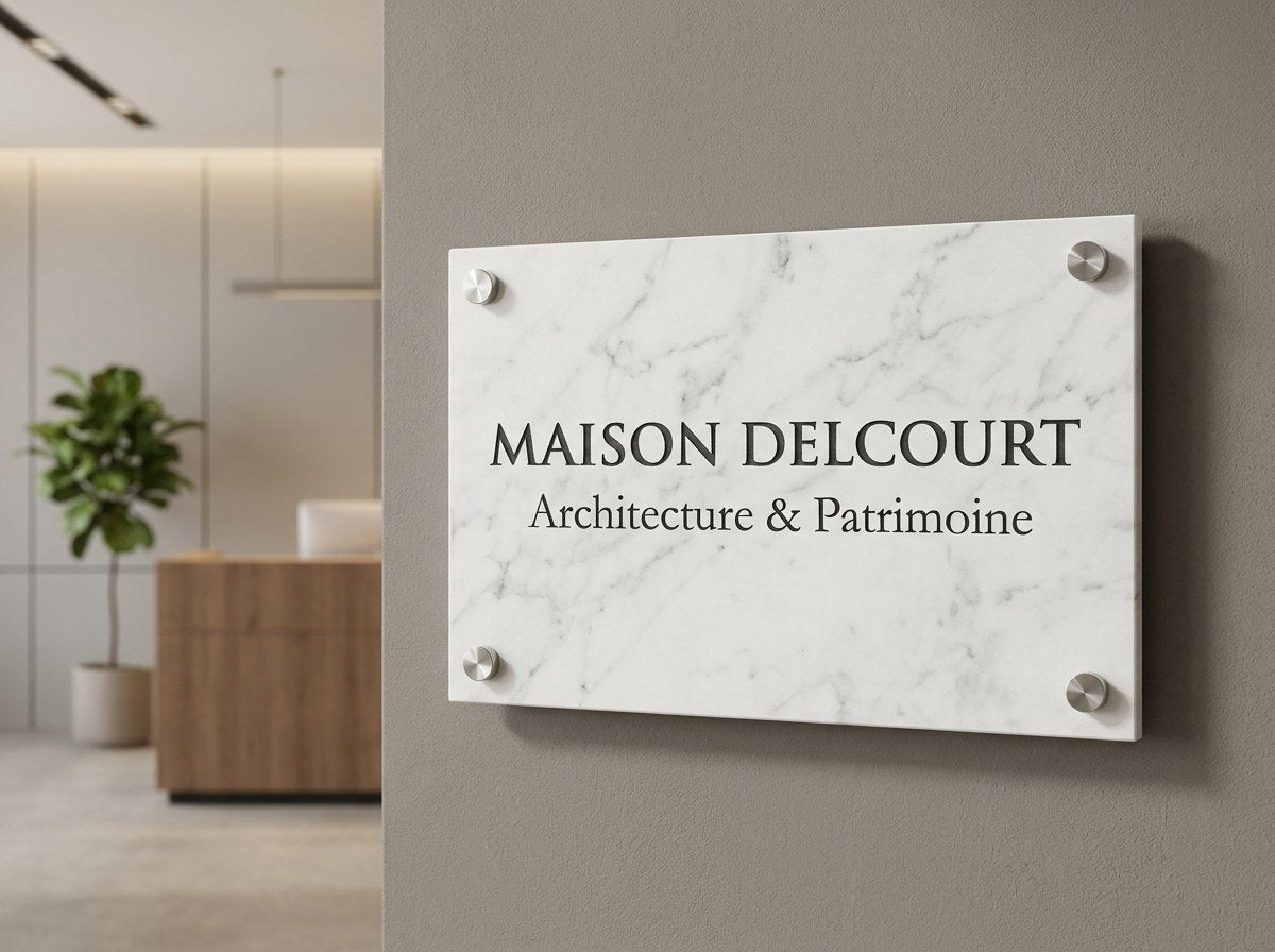 Plaque professionnelle acrylique finition imitation pierre / marbre — Maison Delcourt