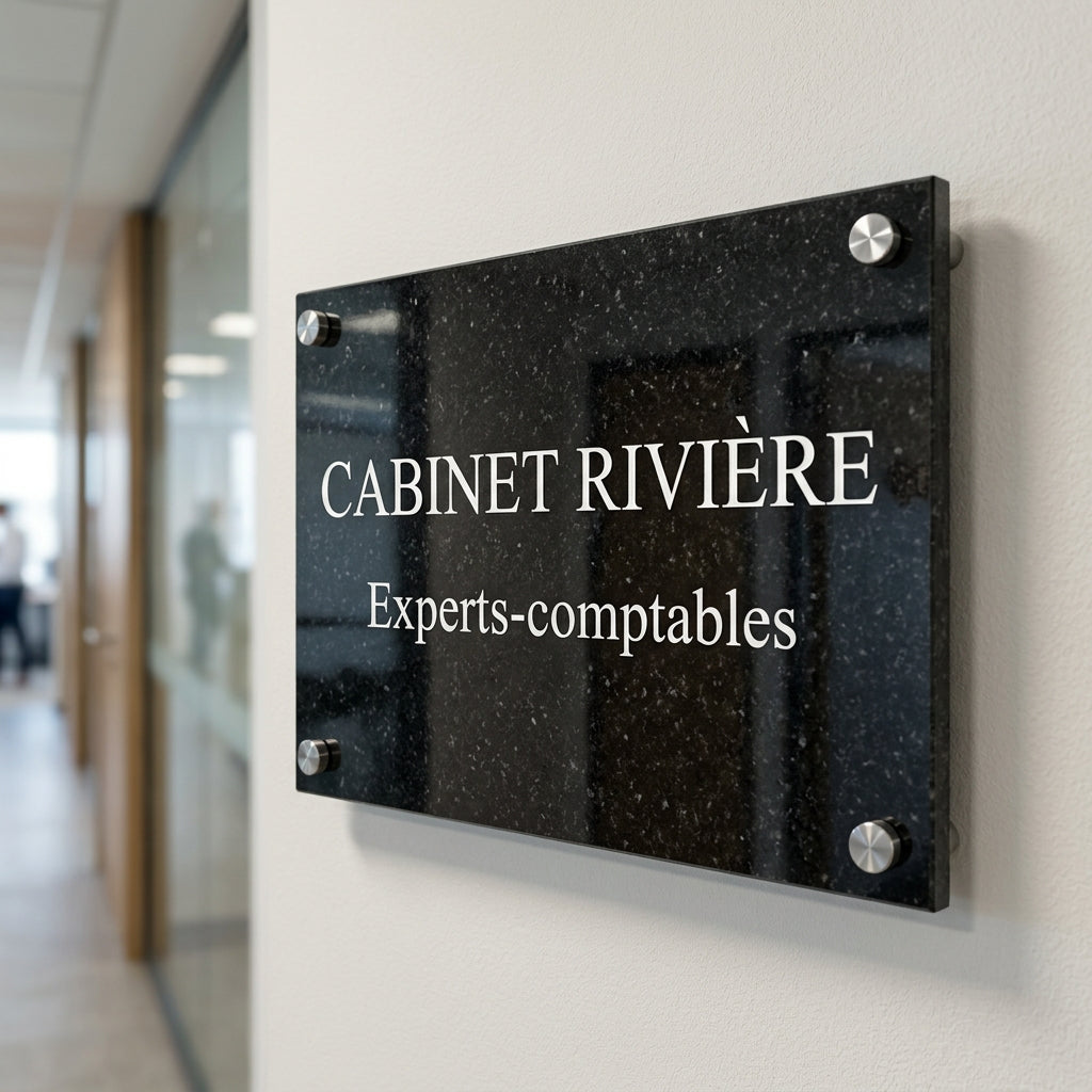 Plaque professionnelle acrylique — finition imitation pierre / marbre
