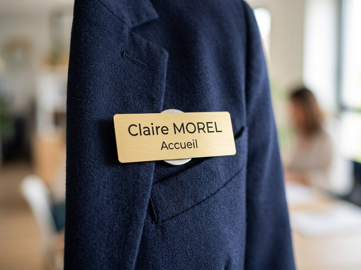 Badge nominatif doré gravé porté sur un blazer — Claire Morel, Accueil