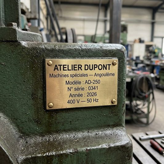 Plaque constructeur laiton gravée fixée sur une machine industrielle
