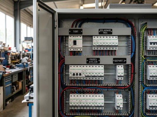 Armoire électrique avec étiquettes gravées de repérage des circuits