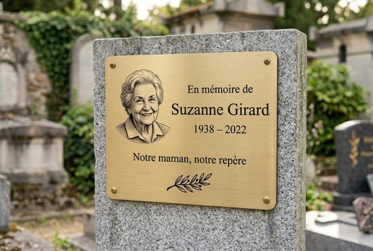 Plaque funéraire aspect bronze & or — portrait gravé