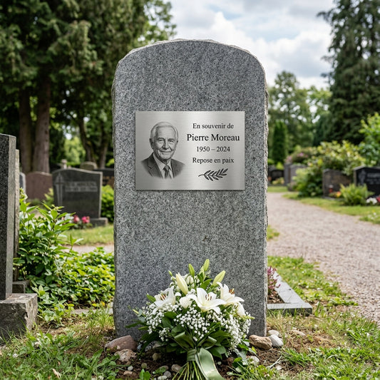 Plaque funéraire inox gravé — portrait du défunt