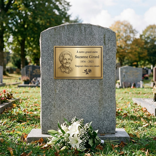 Plaque funéraire laiton gravé — portrait du défunt