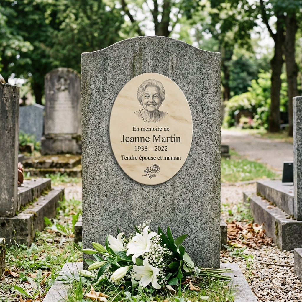 Plaque funéraire imitation pierre & marbre — portrait gravé