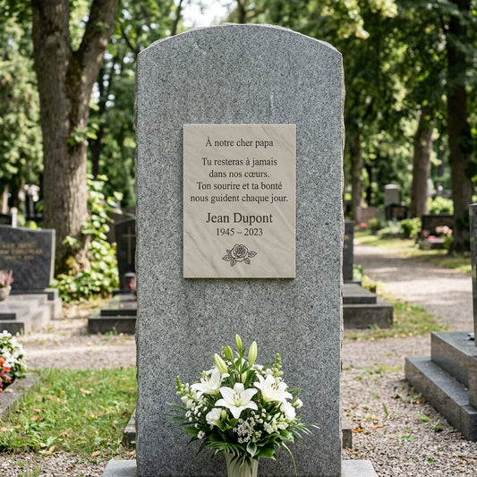 Plaque funéraire — lettre & poème (texte long)