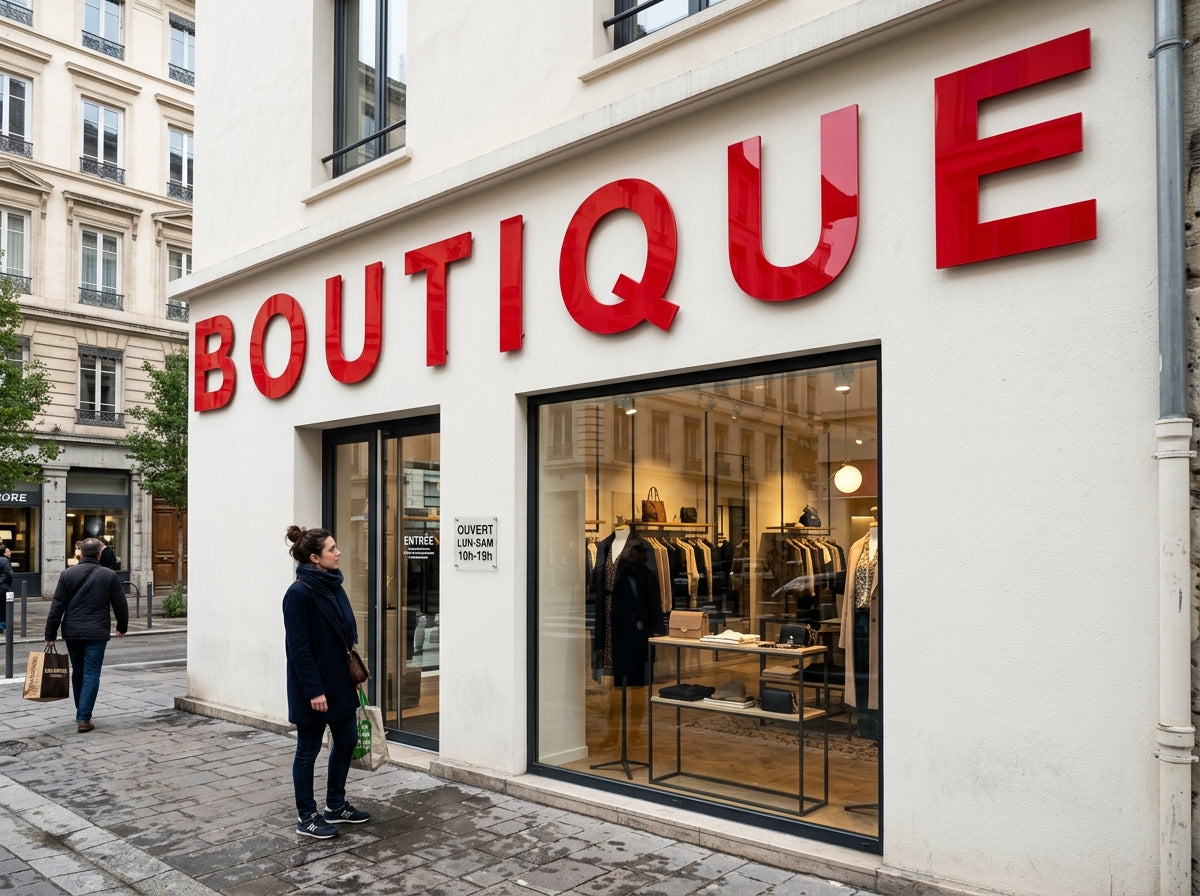 Enseigne de façade en lettres découpées gravoply rouge, 2 m de large — Boutique