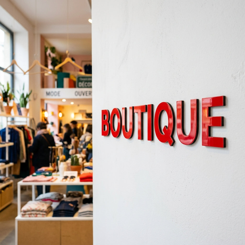 Lettres découpées gravoply rouge collées au mur — Boutique