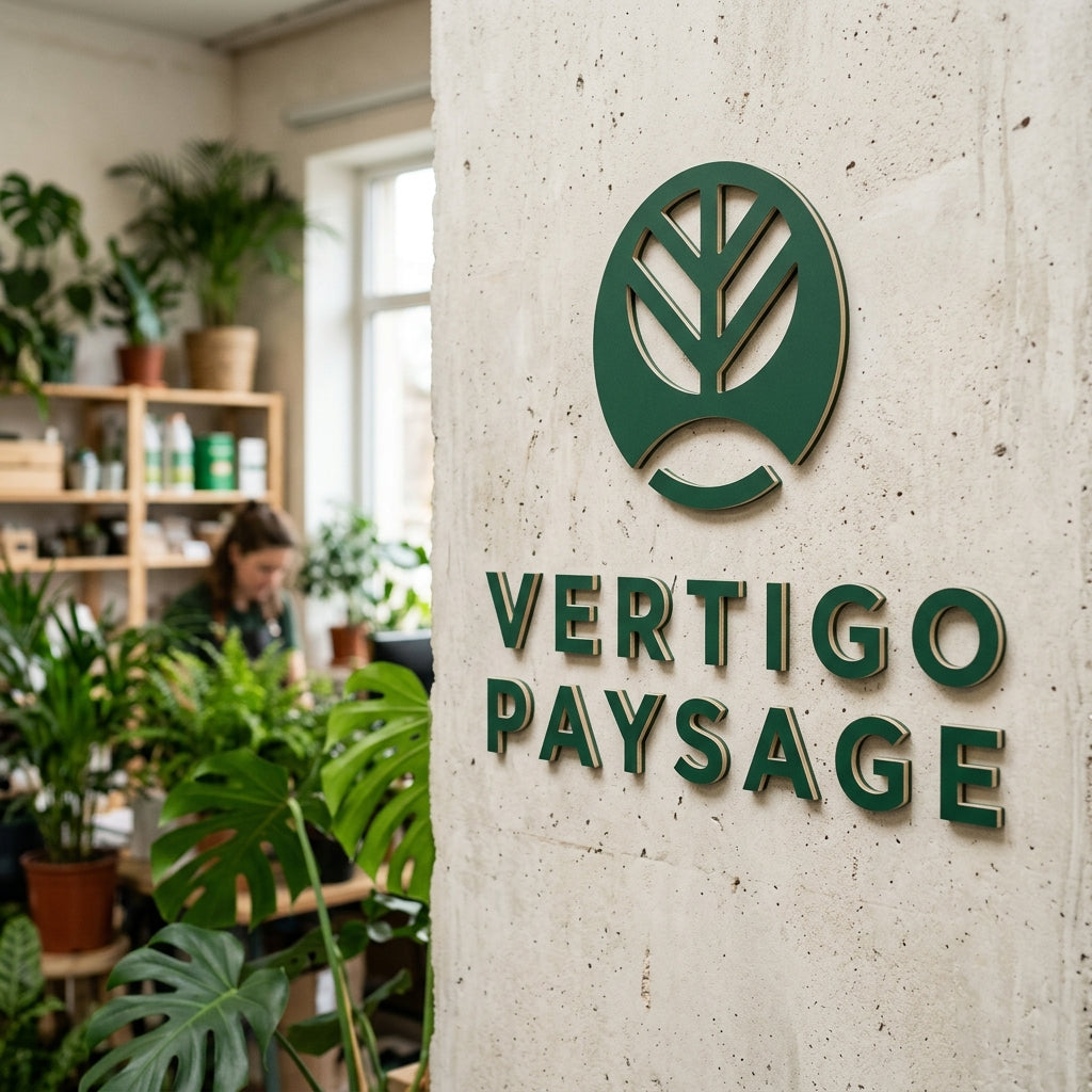 Logo découpé en gravoply collé au mur — Vertigo Paysage