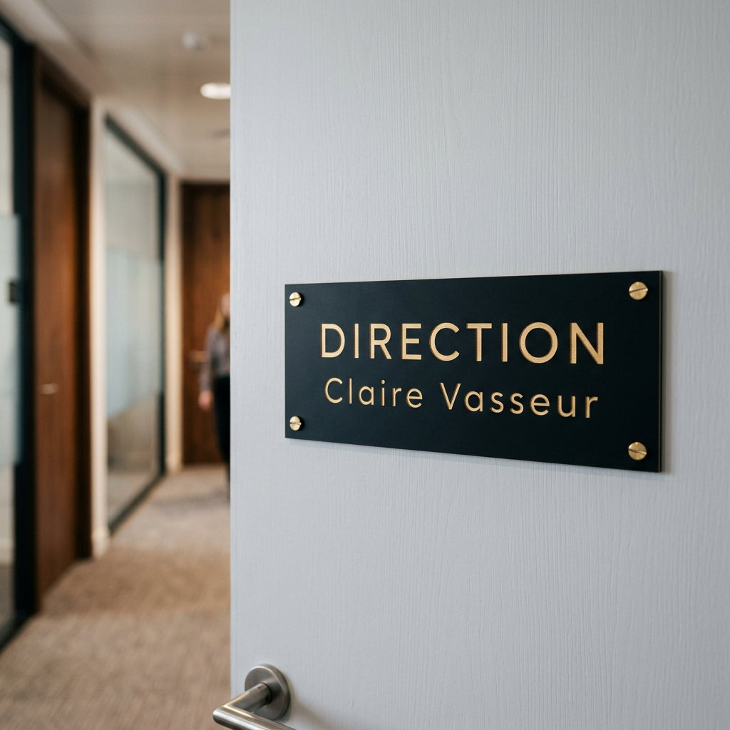 Plaque de porte gravoply noir, gravure or — Direction