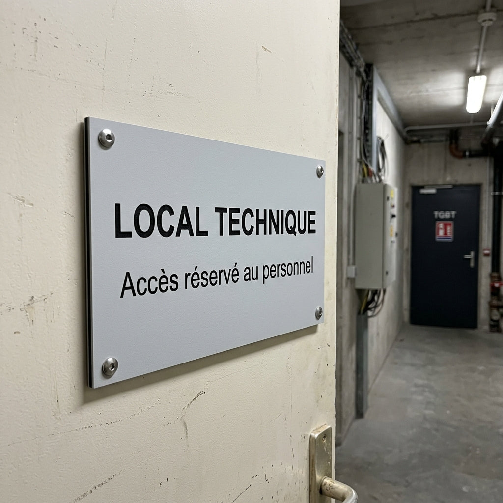 Plaque de repérage gravoply gris, gravure noire — Local technique