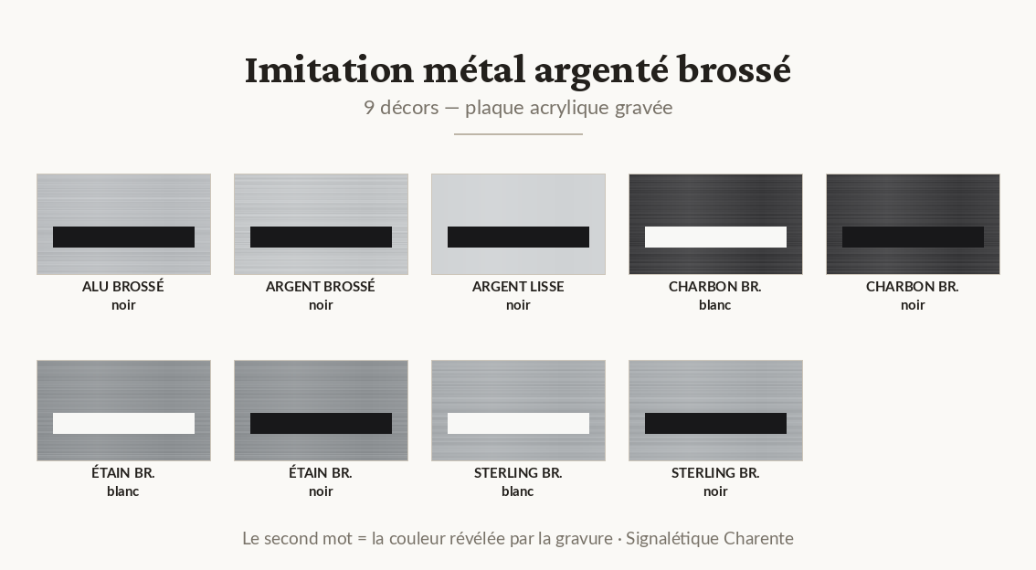 Plaque professionnelle acrylique — finition imitation métal argenté brossé