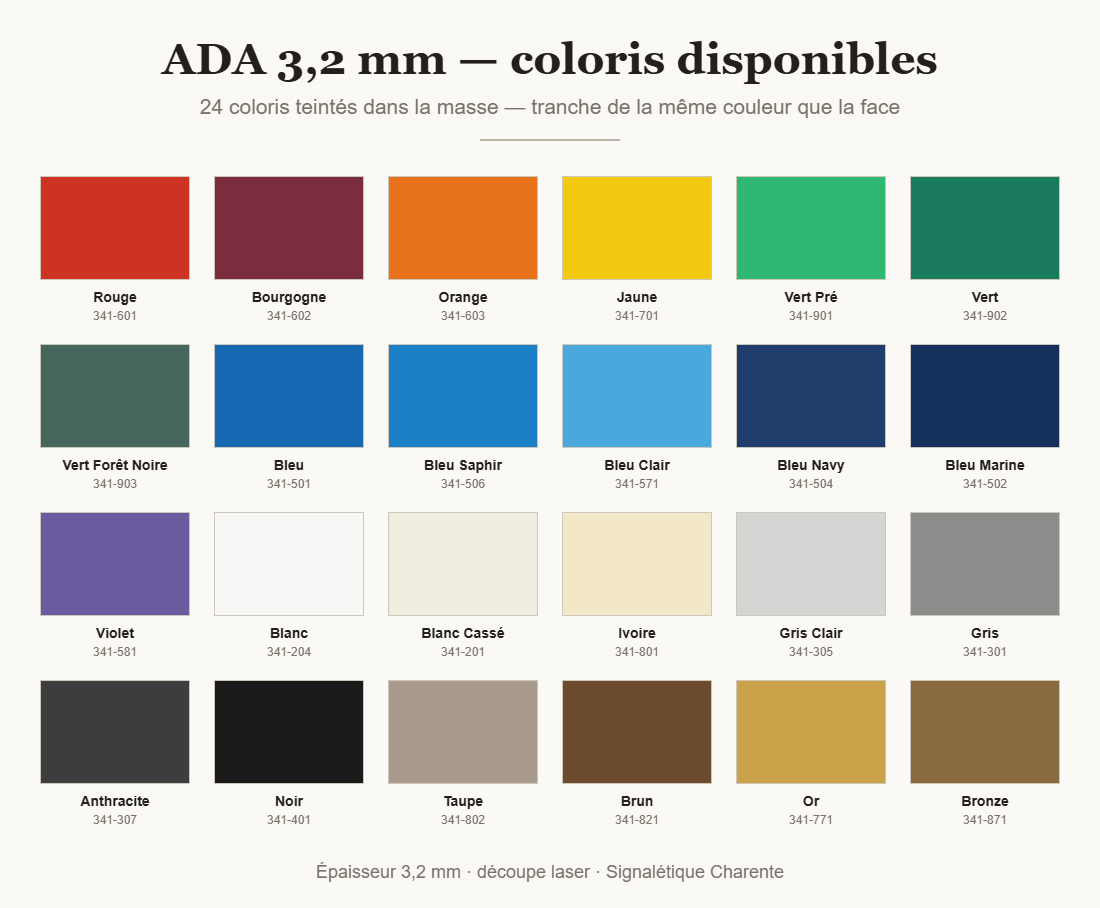 Nuancier ADA 3,2 mm — 24 coloris teintés dans la masse