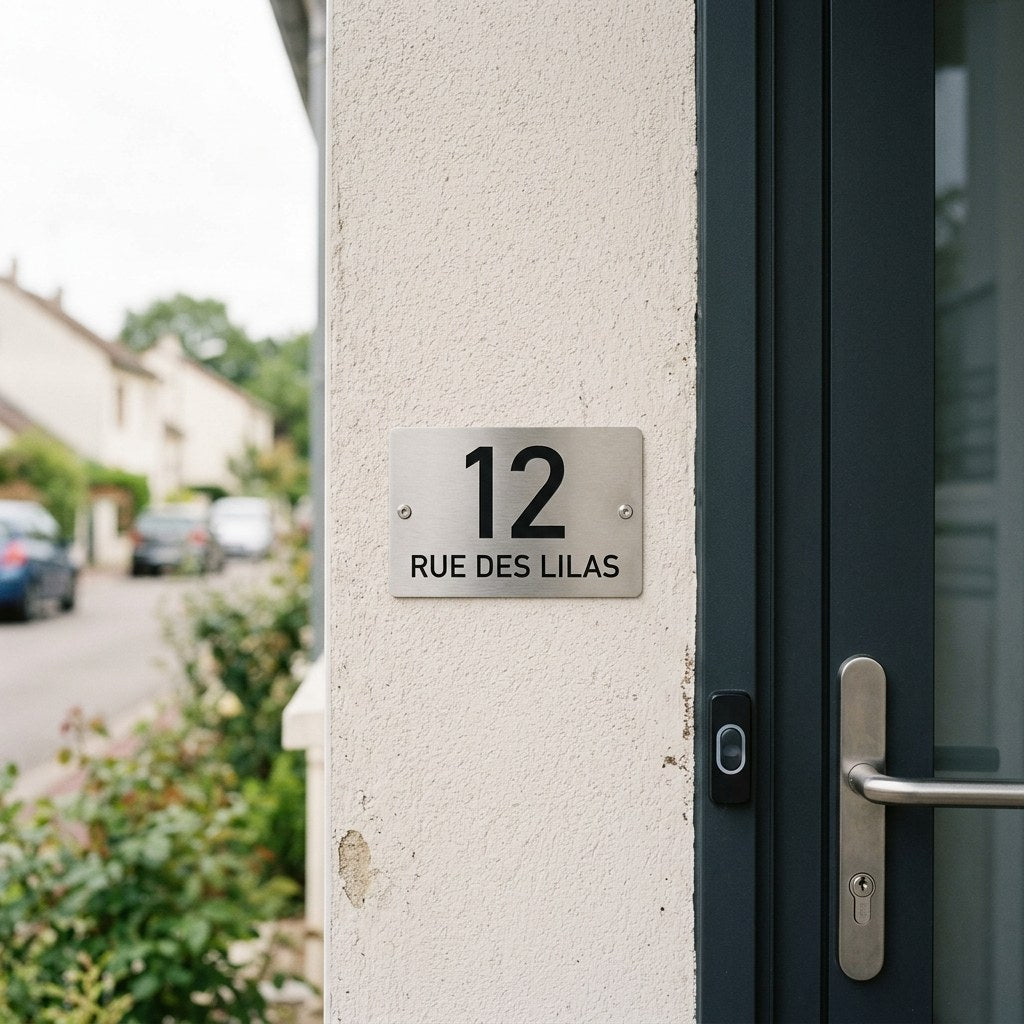 Petit numéro de rue en inox gravé sur façade