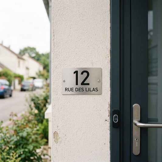 Petit numéro de rue en inox gravé sur façade