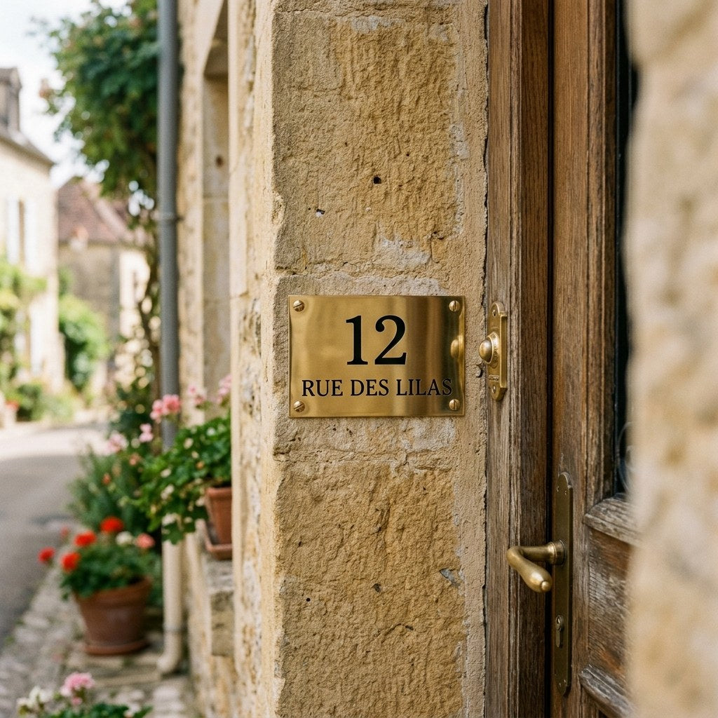 Petit numéro de rue en laiton gravé sur façade