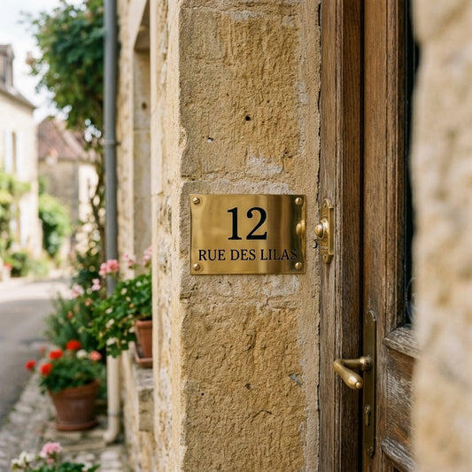 Petit numéro de rue en laiton gravé sur façade