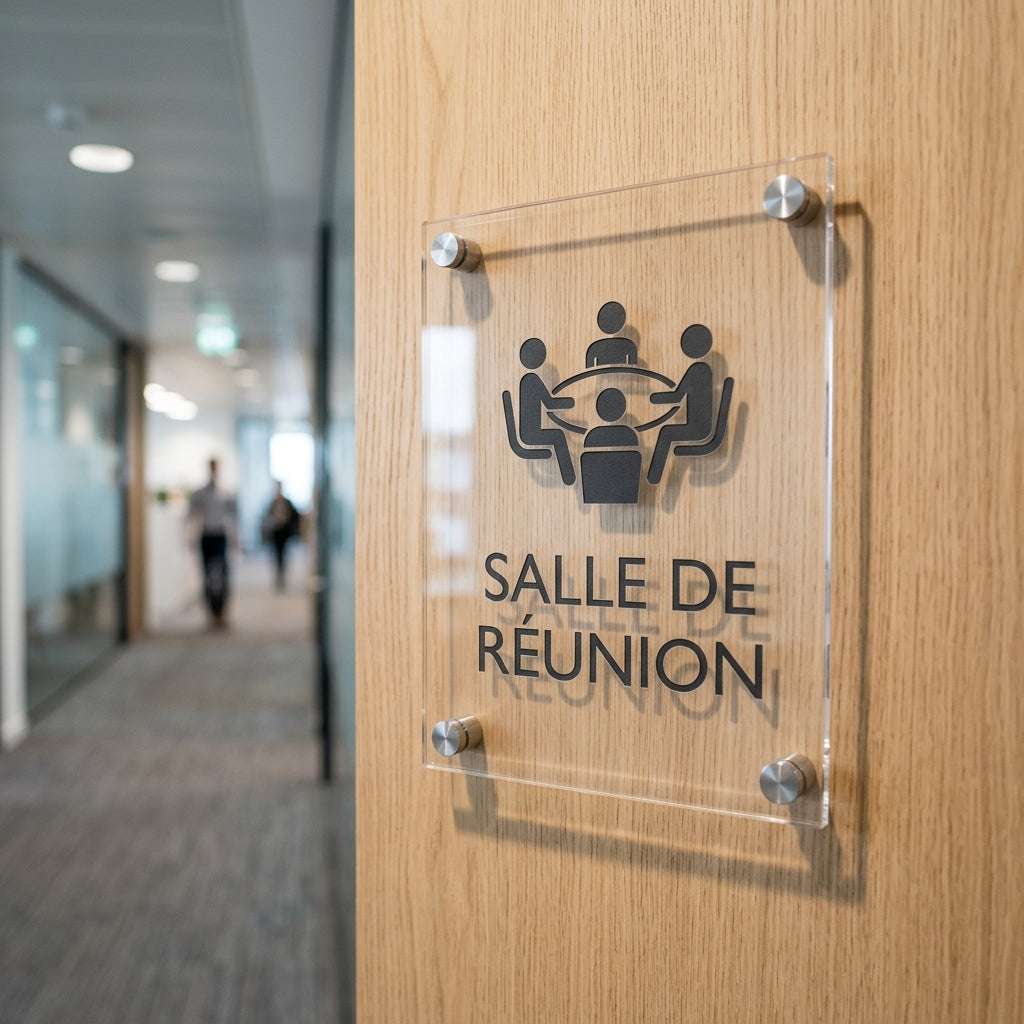 Plaque de porte en plexiglas gravé (bureau, salle, service)