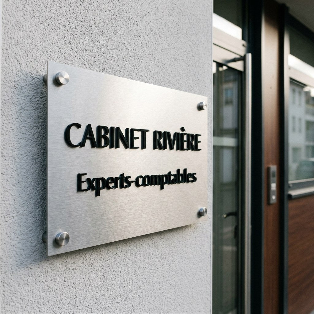 Plaque relief sur inox — lettrage 3 mm (santé, droit, entreprise)