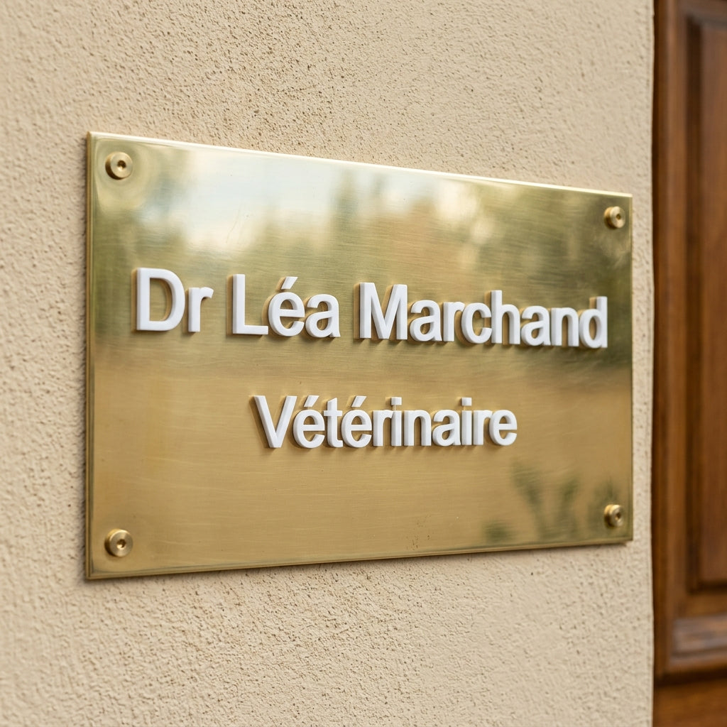 Plaque relief sur laiton — lettrage 3 mm (santé, droit, entreprise)
