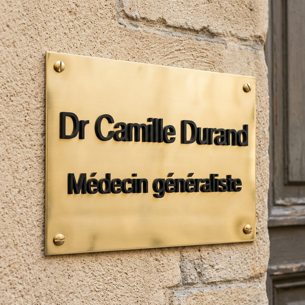 Plaque relief sur laiton — lettrage 3 mm (santé, droit, entreprise)