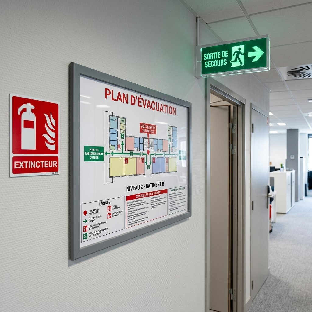 Plan d'évacuation et pictogrammes sécurité