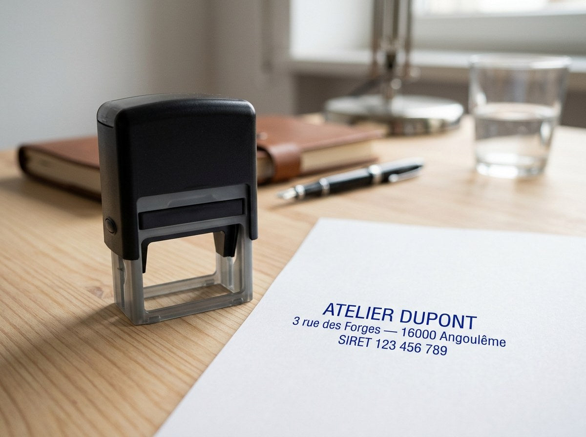 Tampon encreur automatique personnalisé avec empreinte bleue sur papier