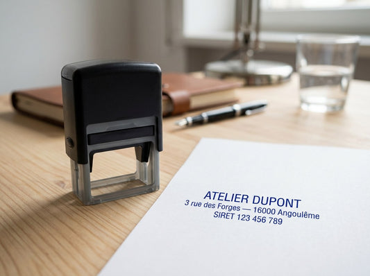 Tampon encreur automatique personnalisé avec empreinte bleue sur papier